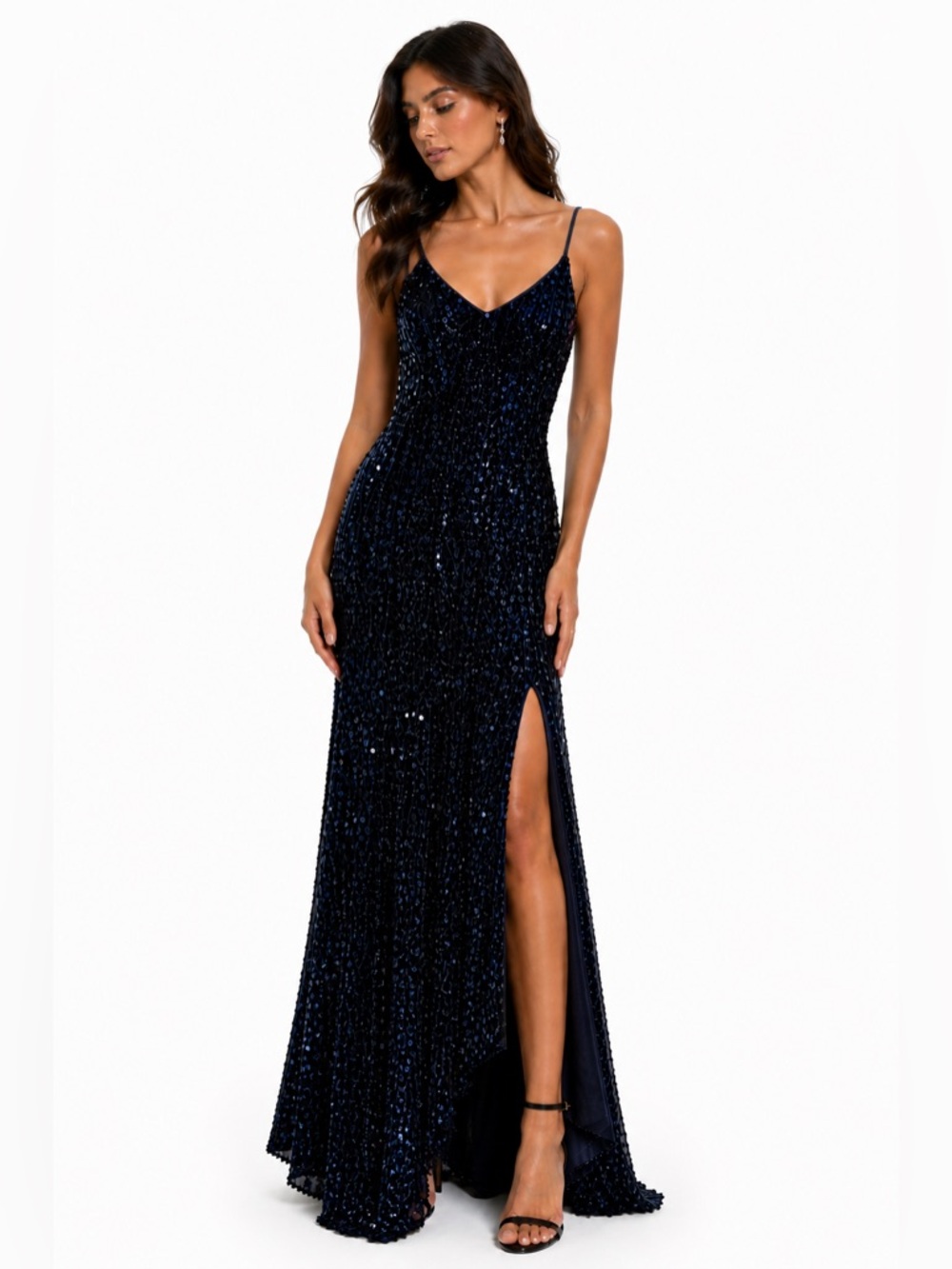 Windsor Giselle Sequin Velvet Lace-Up Mermaid Dress – Navy Blue XS